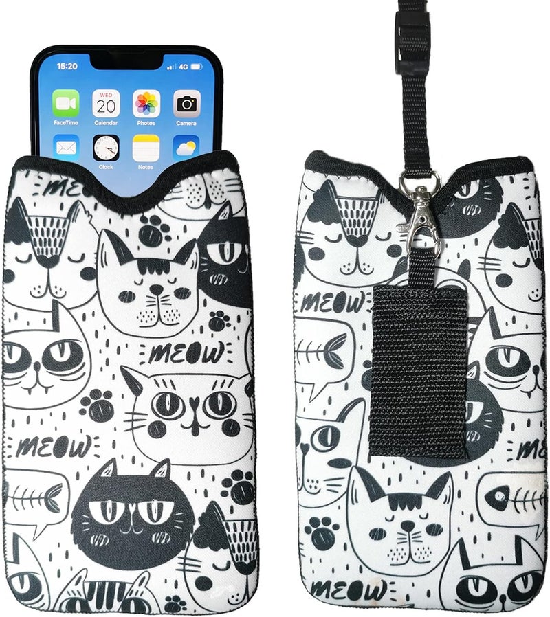 Tainada Men Women Neoprene Shockproof Cell Phone Sleeve Pouch Carrying Case Bag w/Neck Lanyard, Belt Loop Holster for iPhone 17/16 Pro Max, Air, 16 Plus, Samsung S25+, S24, A56 (Doodle Cats Pattern) - Image 1